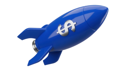 Blue rocket with dollar sign isolated PNG on transparent background, financial growth and investment concept for business and startup