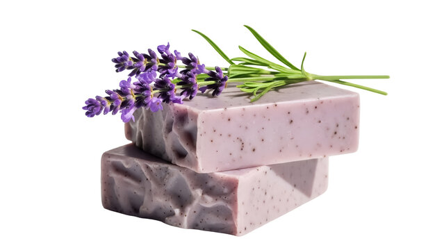 Handmade lavender soap bars isolated PNG, natural skincare product with essential oils for aromatherapy and relaxation on transparent background
