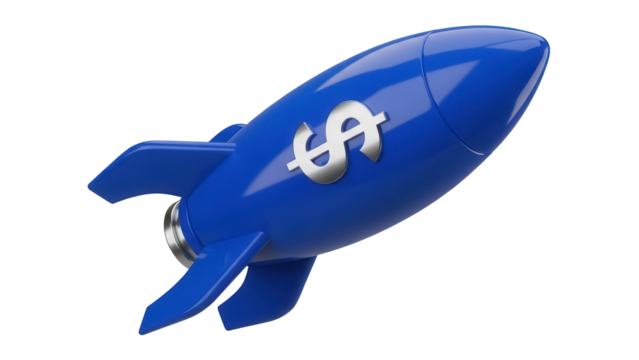 Blue rocket with dollar sign isolated PNG on transparent background, financial growth and investment concept for business and startup - Powered by Adobe