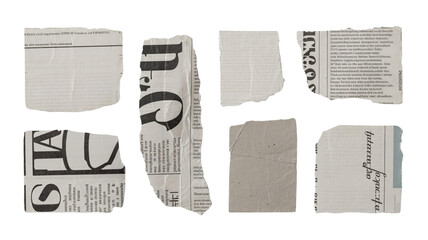 Torn newspaper clippings on white background