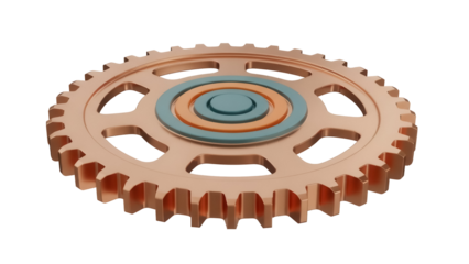 Copper gear wheel isolated PNG on transparent background, steampunk cogwheel with blue and orange center for mechanical design and engineering