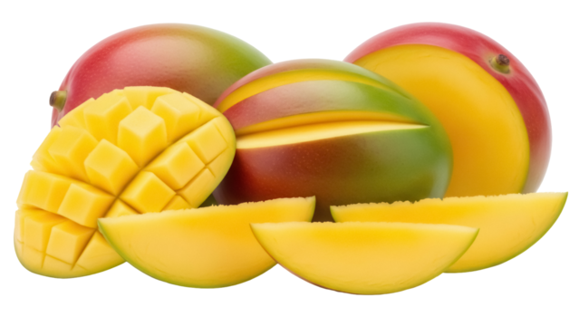 Ripe mango fruit isolated PNG, with slices and cubes on transparent background, tropical fruit for healthy eating and dessert - Powered by Adobe
