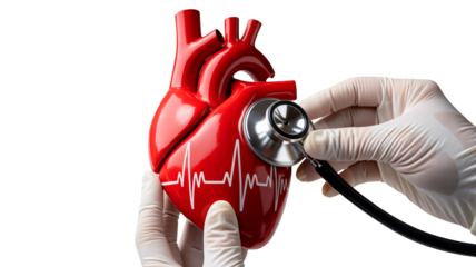 Red Anatomical Heart Model with Stethoscope in Gloved Hands in Close-up Shot with Soft Lighting for Medical Education