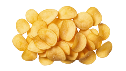 Pile of golden potato chips isolated PNG on transparent background, crispy snack food for party and picnic