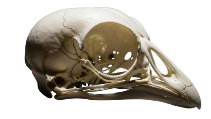 Fototapeta premium Bird skull isolated PNG on transparent background, anatomical avian bone structure for educational and scientific use