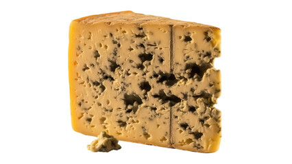 Wedge of Stilton cheese isolated PNG on transparent background, traditional English blue cheese with characteristic blue veins and a crumbly texture