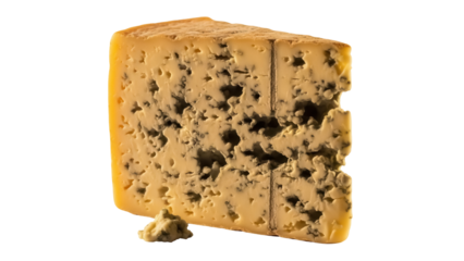 Wedge of Stilton cheese isolated PNG on transparent background, traditional English blue cheese with characteristic blue veins and a crumbly texture