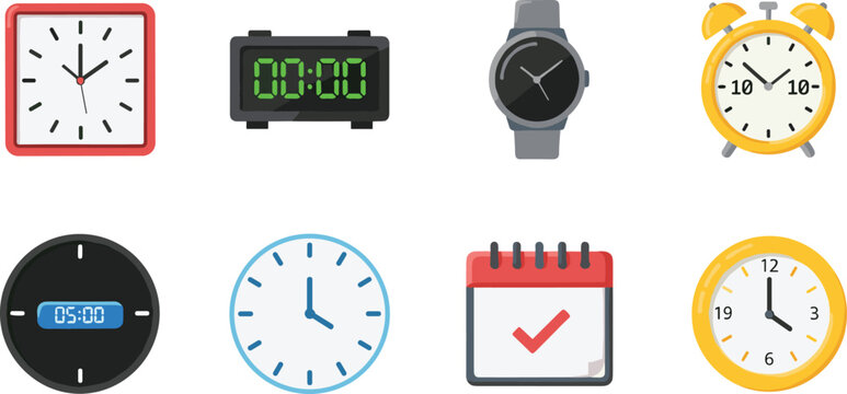 Time and clock icons collection featuring analog clocks, digital alarms, wristwatch, and calendar symbols in modern flat vector illustration style