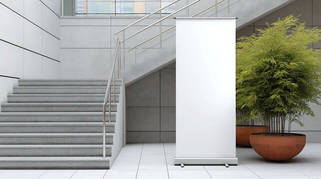 White Blank roll-up banner template standing in lobby side stairs. Blank advertisement mockup in business space, Commercial pull-up display, for add cover