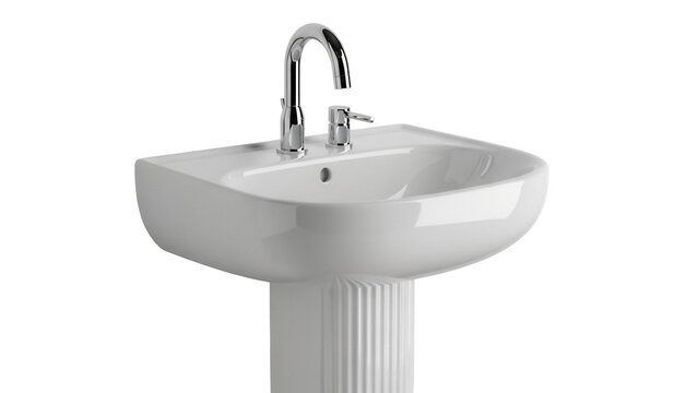Modern pedestal sink with chrome faucet isolated PNG on transparent background, bathroom fixture for interior design and plumbing use