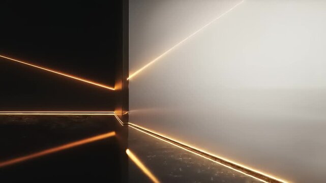 Metallic rectangular object with illuminated lines, dark background with glossy, reflective surface