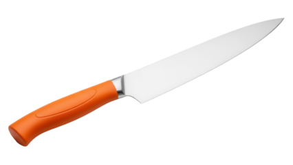 Chef s knife with orange handle isolated PNG, kitchen utensil for cooking and food preparation on transparent background