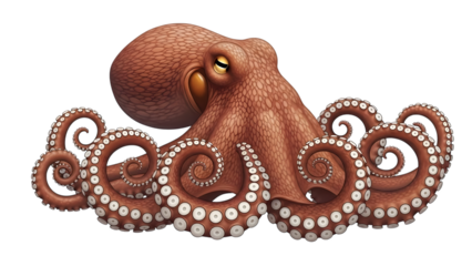 Detailed of a large red octopus with white suction cups on its tentacles and a yellow eye isolated on a transparent background