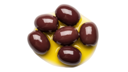 Delicious Kalamata olives in olive oil isolated on transparent PNG, Mediterranean cuisine ingredient for healthy eating and cooking