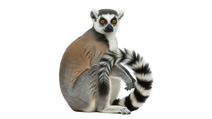 Fototapeta premium Ring-tailed lemur sitting isolated PNG, primate with black and white striped tail on transparent background, Madagascar wildlife