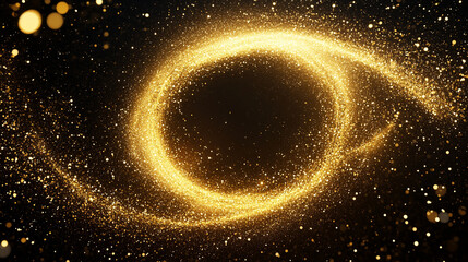Circle of glittering particles forming an abstract black hole, creating a dynamic, luminous, and mysterious visual effect ideal for digital art, cosmic designs, and futuristic concepts.