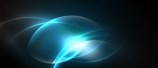 Abstract glowing shapes overlap, creating luminous curves. Dark background emphasizes bright blue energy, smooth gradients present.