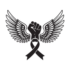 Raised Fist with Angel Wings and Awareness Ribbon Silhouette - Symbol of Freedom, Strength, and Survivor Tribute
