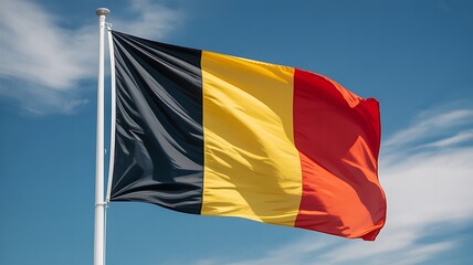National Flag of Belgium Waving in the Wind Against a Blue Sky with Light Clouds
