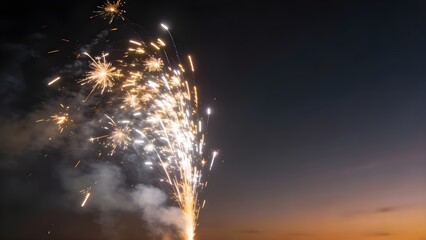 Colorful fireworks exploding in the night sky with elegant light trails and subtle smoke. Clean dark background with copy space, realistic and cinematic celebration concept