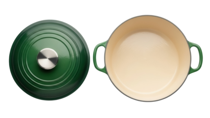 Green enameled cast iron dutch oven with lid isolated PNG, cooking pot cookware on transparent background for kitchen and food design