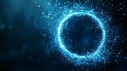 Radiant blue particle corona forming a bright circular glow with twirling sparkling dust, evoking a magical portal, futuristic energy, or high-tech abstract design concept.
