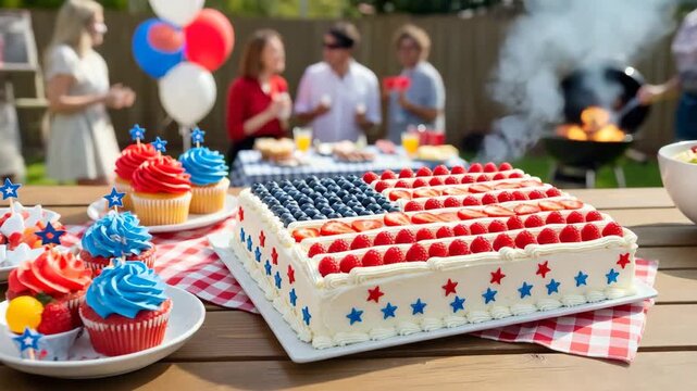 Patriotic backyard barbecue with American flag cake and cupcakes