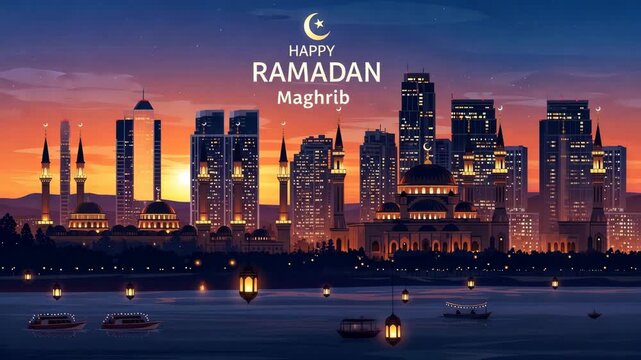 Vibrant cityscape celebrating Ramadan with mosque and modern skyline at sunset