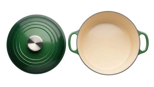 Green enameled cast iron dutch oven with lid isolated PNG, cooking pot cookware on transparent background for kitchen and food design