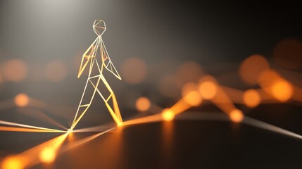 Geometric stick figure creating a glowing digital pathway, representing progress and forward motion