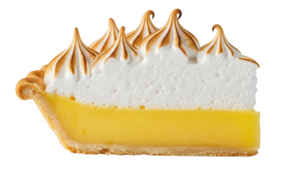 Lemon meringue pie slice PNG isolated on transparent background, delicious dessert with sweet meringue topping and yellow citrus filling