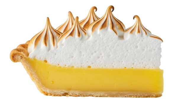 Lemon meringue pie slice PNG isolated on transparent background, delicious dessert with sweet meringue topping and yellow citrus filling
