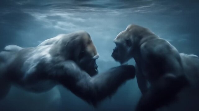 Two muscular humanoids drift underwater, facing each other in a tense, ghostly ocean duel, ominous.!