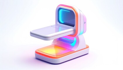 Futuristic, neon-lit medical imaging device on a bright white background