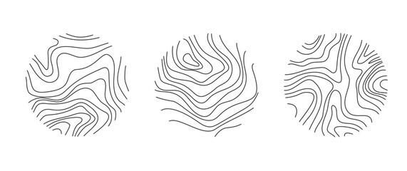 Circular wood rings logo set. Abstract topographic map line background set. Modern logo style terrain map illustration. Wood section texture circles. Collection of patterns vector Flat style design