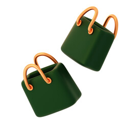 3d shopping bag handle green gold orange render floating pair sale promotion market store shop