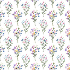 Fototapeta premium Seamless pattern with wildflowers, repeating paper, background. Floral backdrop for textile, fabric, wallpaper. Hand drawn flowers.