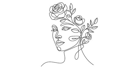 Minimalist continuous line drawing depicting a woman's face adorned with delicate roses and leaves Vector, illustration
