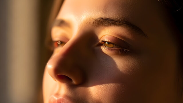 Close-up Portrait of a Beautiful Young Woman with Golden Hour Sunlight Illuminating Her Eyes and Skin