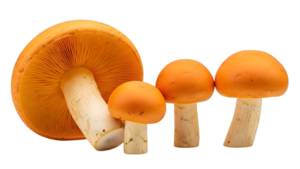 Four orange mushrooms of varying sizes displayed in a row with one large mushroom cap on the left isolated on a transparent background