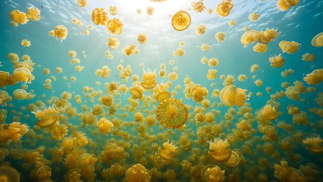 Thousands of golden jellyfish swim in clear blue ocean water - Powered by Adobe