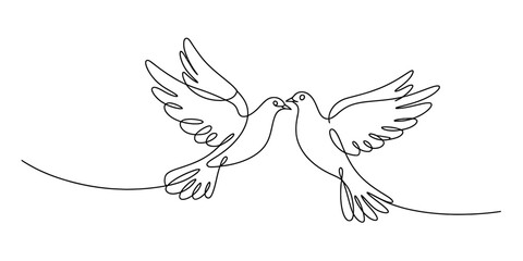 Obraz premium Continuous line drawing of two doves symbolising love and peace. Vector, illustration