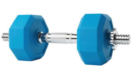 Blue dumbbell isolated PNG, fitness equipment for strength training and exercise on transparent background, weightlifting and bodybuilding