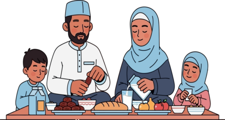 Muslim family enjoying traditional breakfast together at home