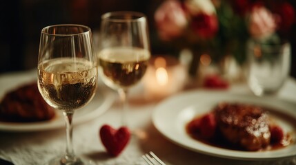 Valentine's Day, a holiday for lovers, a romantic date, a red heart, February 14 Romantic dinner for two with wine, glasses of wine. High quality