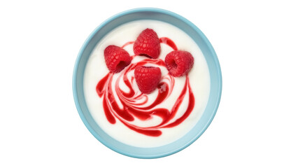 Delicious yogurt with raspberry sauce and fresh raspberries isolated PNG, healthy breakfast dessert with fruit on transparent background © Johnson