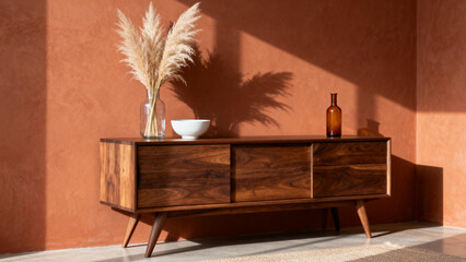 Mid-century modern wooden sideboard with decorative items against terracotta wall