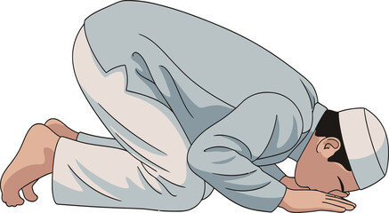 Man in prostrate position during Islamic prayer on black background