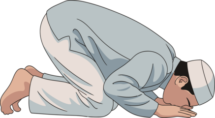 Man in prostrate position during Islamic prayer on black background