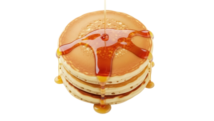 Stack of golden pancakes with dripping maple syrup isolated PNG, breakfast dessert on transparent background for food design and culinary projects